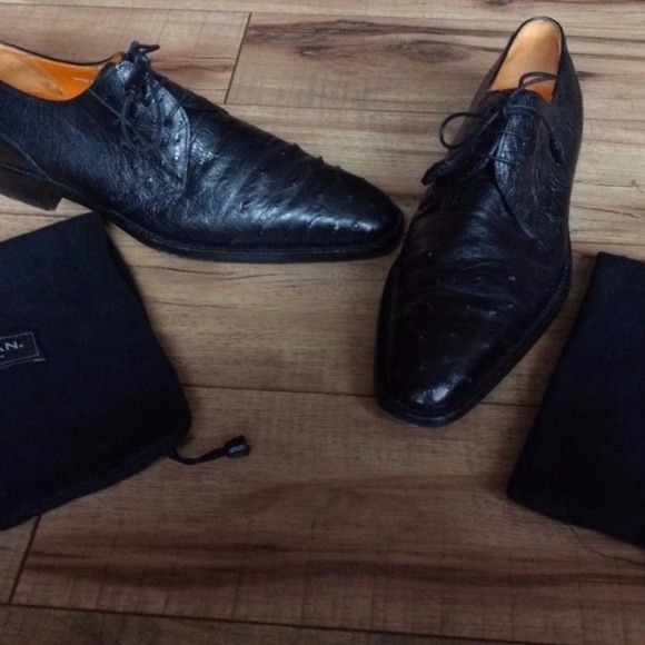 Mezlan Platinum Ostrich Leather Oxfords Dress Shoes Size 8 M Black Valens Exotic - Picture 2 of 8